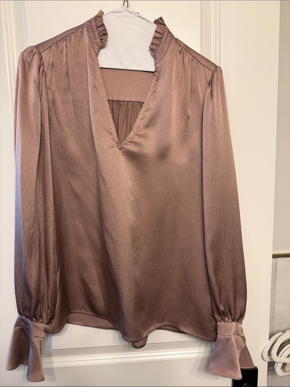Satin V-Neck Long Sleeve Blouse in Taupe